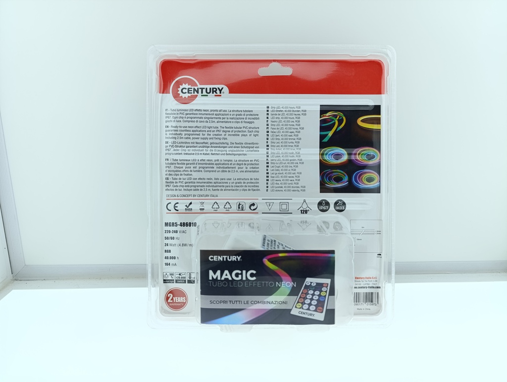 BLISTER NEON LED RGB+W MAGIC 4,8W/M IP67 C/ FONTE DE AL., COMANDO REMOTO IR, CLIPS DE FIXAÇÃO