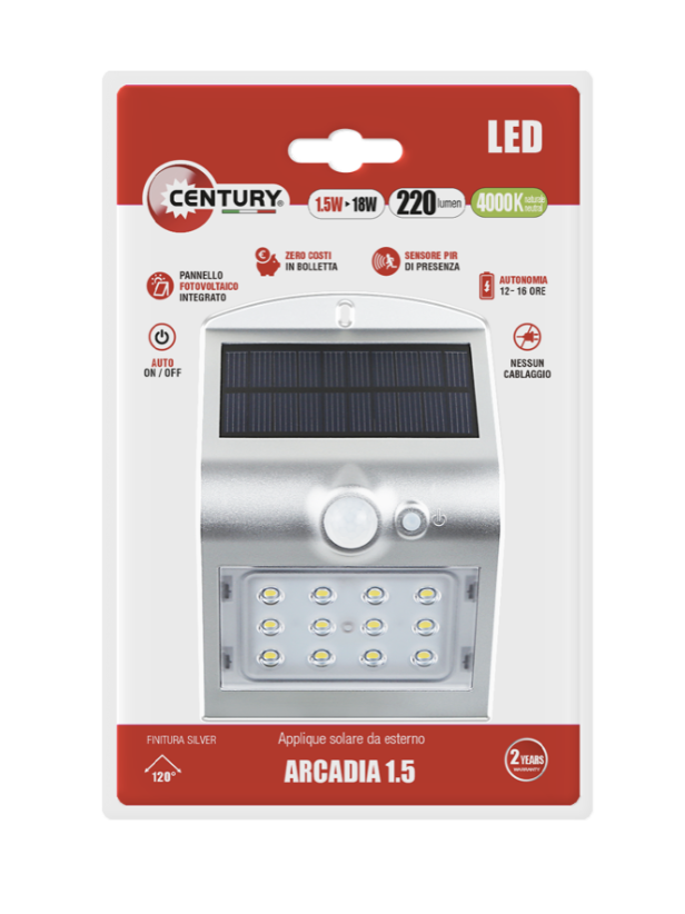 APPLIQUE SOLAR LED ARCADIA 1.5 SILVER - 1,5W - 4000K - 220 Lm - IP65 - BLISTER 1 pz.