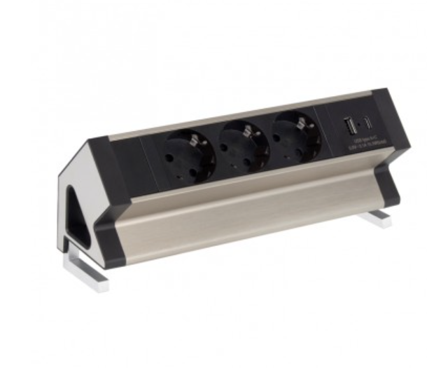 DESK BOX brushed steel, 3xSCHUKO socket, 1xUSB A, 1xUSB C, input cable 1,8m