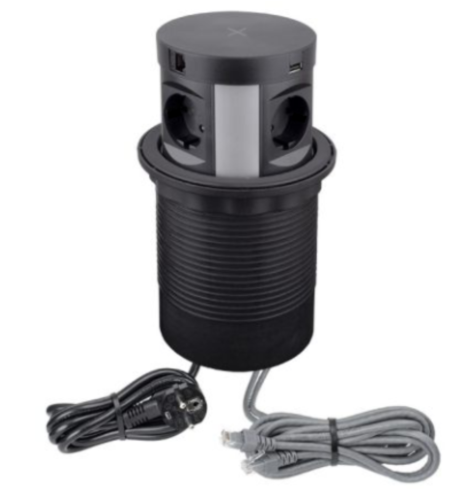 MULTI BOX, black, 4xSCHUKO socket, 1xUSA A, 1zUSB C, 2xRJ45 2m, induction, input cable dl 1,7