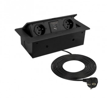 KOMBI BOX USB WITH 1,5M/3M POWER CABLE AND PLUG WITH ELECTRICAL GROUNDING, Preto, 2 x SCHUKO - 2 x USB - 1,5 m