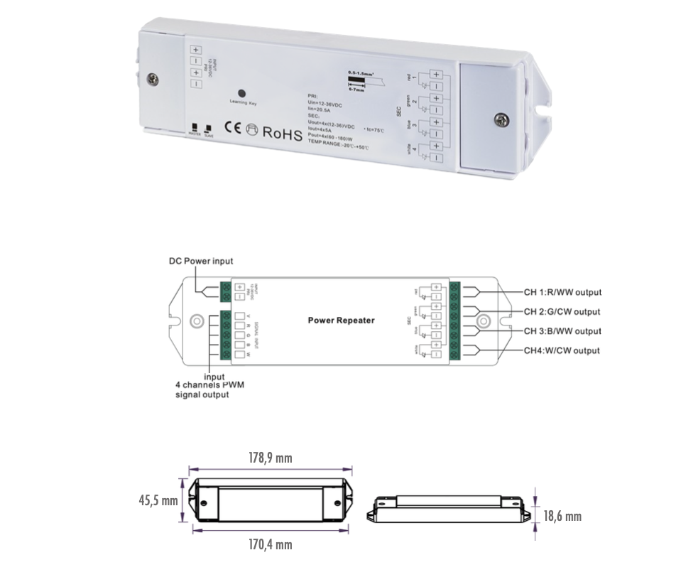 AMPLIFICADOR MONO/CCT/RGBW 12-36VDC 4CHx5A 240W-720W IP20