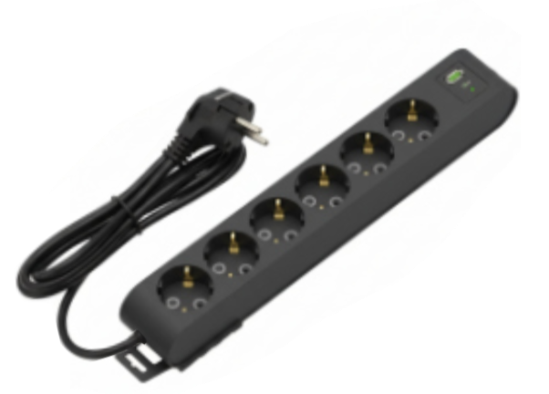 Deco 6PFUSB - Tomada Preta 6 SHUCKO 1xUSB-A + 1xUSB-C cabo 2 metros 16A 3x1.5mm² IP20