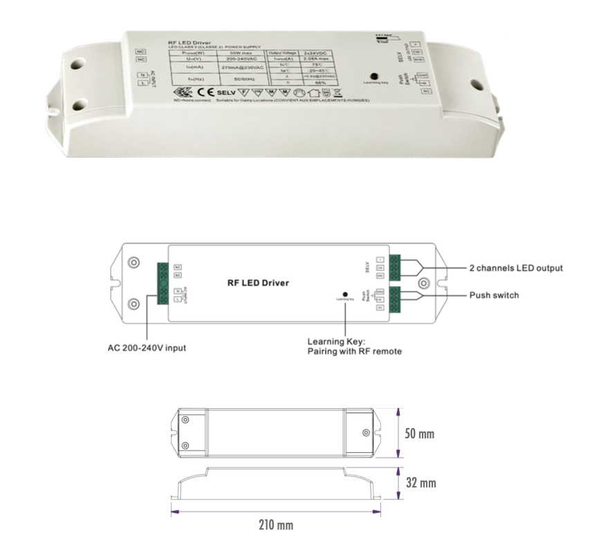 FONTE AL/CONTROLADOR RF/PUSH-DIM 12VDC 4.16A 50W MONO/CCT/RGBW IP20