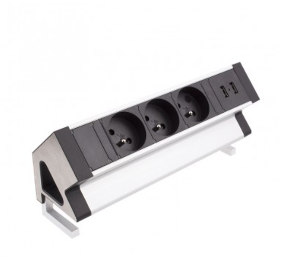 Caixa de mesa de alumínio, soquete de 3 x FR, 2 x USB tipo A, Cabo fundido 1,8m