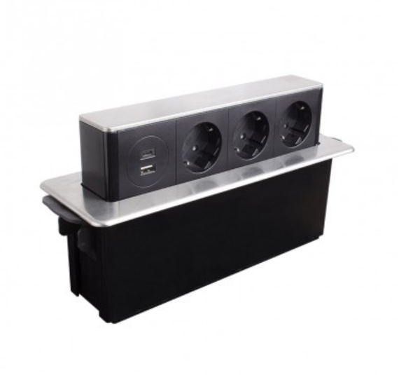 Caixa de salto drapana stal 3 x soquete schuko, 1 x USB tipo A, 1 x USB tipo C, cabo