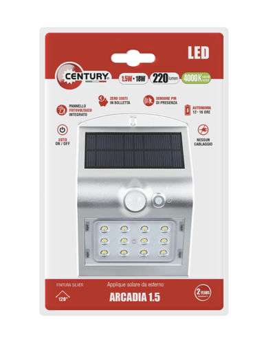 [ACSSL-151240BL] APPLIQUE SOLAR LED ARCADIA 1.5 SILVER - 1,5W - 4000K - 220 Lm - IP65 - BLISTER 1 pz.