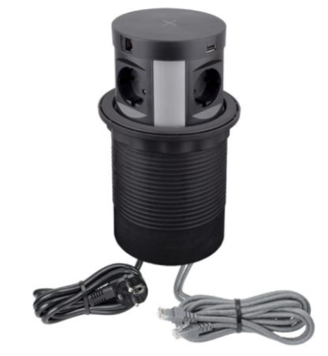 [MULTIBOX-CZ-4DE-UAC-RJ-01] MULTI BOX, black, 4xSCHUKO socket, 1xUSB A, 1xUSB C, 2xRJ45 2m, induction, input cable 1,7m