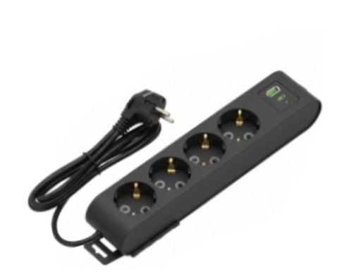 [869949092341] Deco 4PFUSB - Tomada Preta 4 SHUCKO 1xUSB-A + 1xUSB-C cabo 2 metros 16A 3x1.5mm² IP20