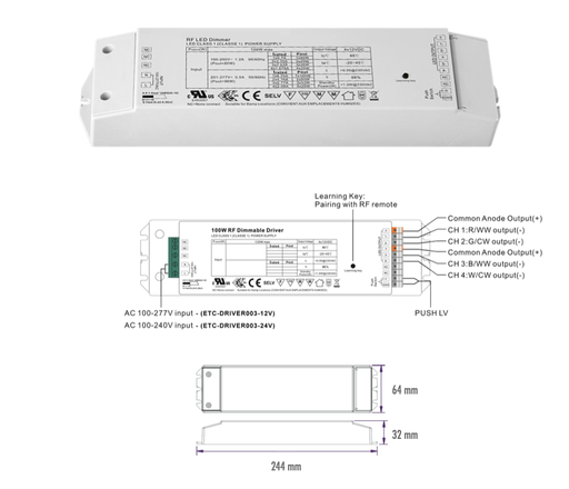 [ECT-DRIVER003-12V] FONTE AL/CONTROLADOR RF/PUSH-DIM 12VDC 8.33A 100W MONO/CCT/RGBW IP20