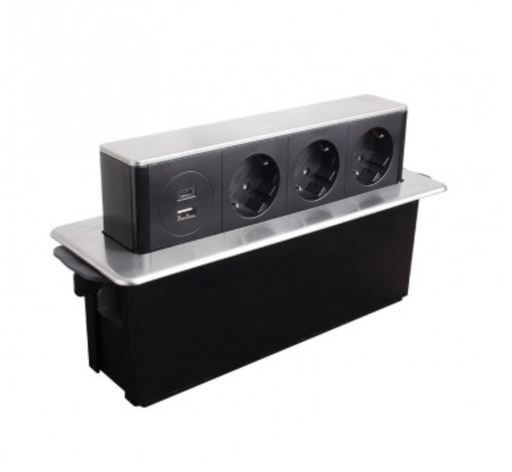 [HopBox-SD-3DE-UC-2-01] Caixa de salto drapana stal 3 x soquete schuko, 1 x USB tipo A, 1 x USB tipo C, cabo