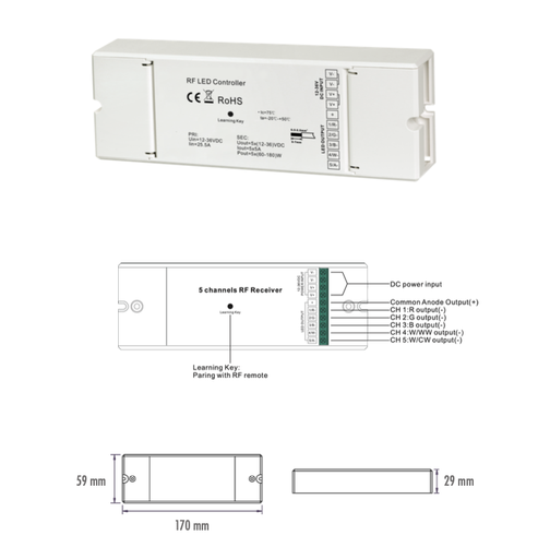 [ECT-RECEIVER005] CONTROLADOR RF MONO/CCT/RGBW/RGB+CCT 12-36VDC 5CHx5A 300W-900W IP20